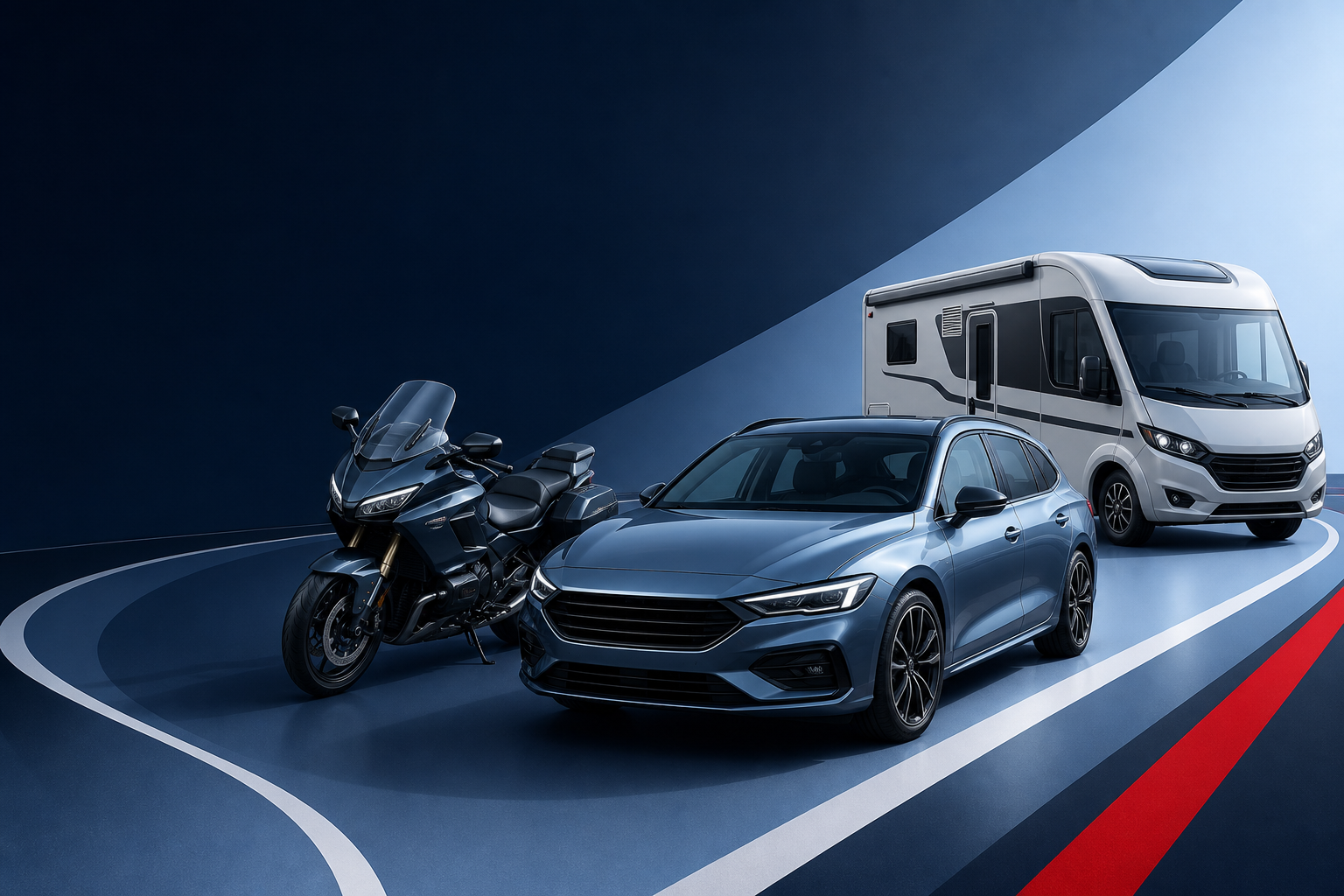Auto, Motorrad und Wohnmobil auf einer Straße